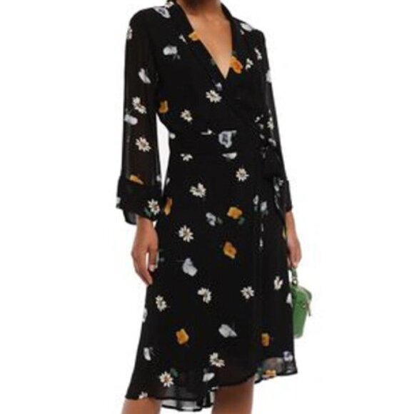 Ganni Black Dainty Floral Georgette Wrap Dress 34 / US 4 - Picture 1 of 6
